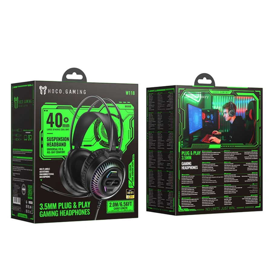 Lightweight Wired Gaming Headset with 40mm Drivers, Mic & LED (W118)