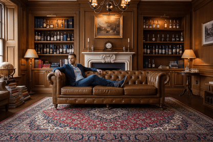 Man sitting on a leather sofa in an elegant room with bookshelves and a fireplace.