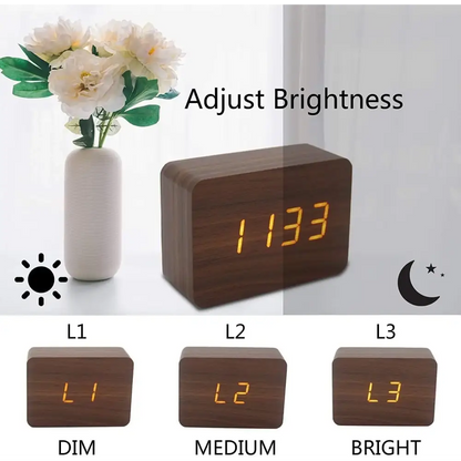 Wooden LED Digital Alarm Clock with Temperature Display & Night Light (4 colours available)