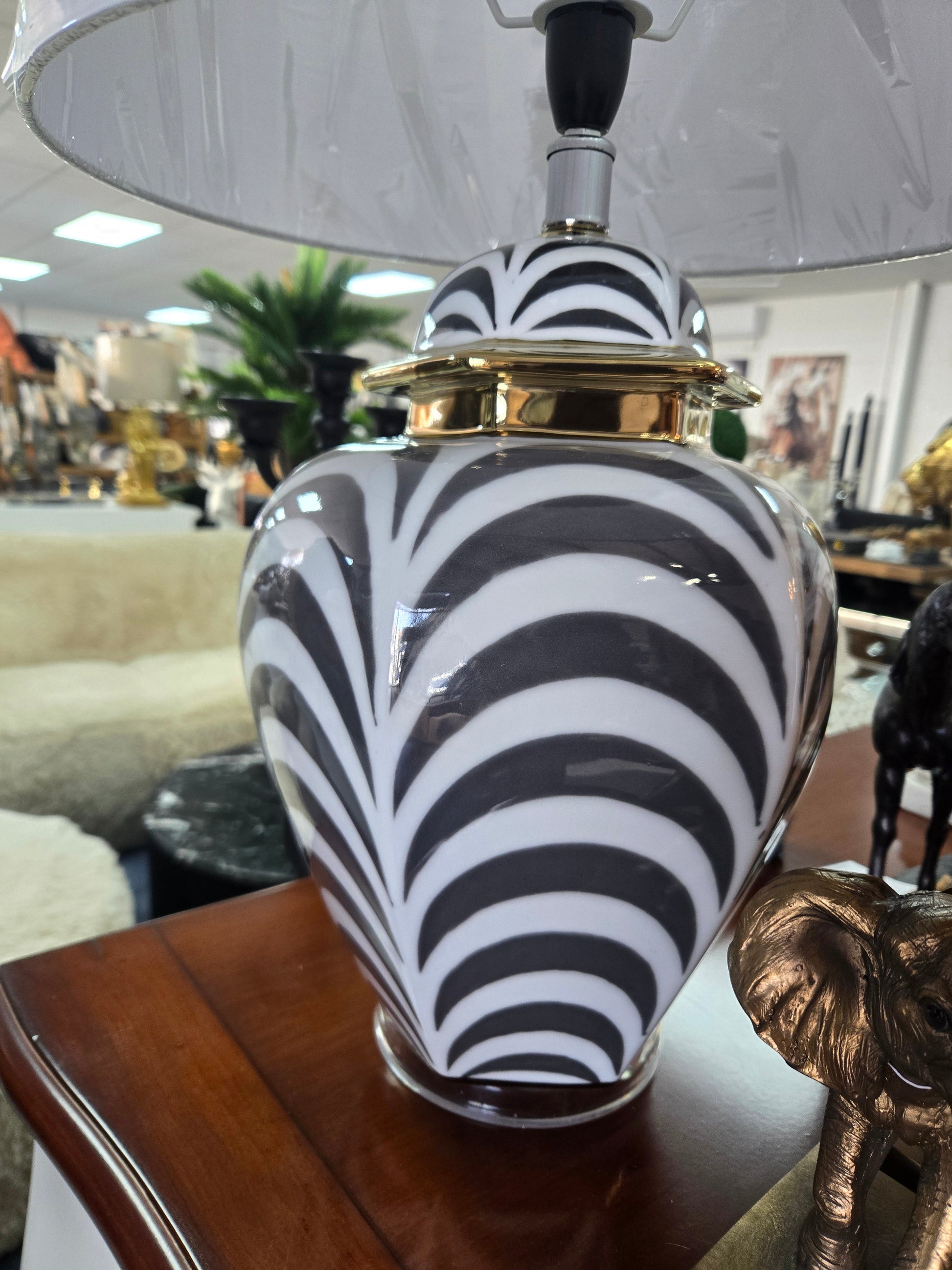 Zebra Print Table Lamp with White Shade at online8 furniture store Auckland