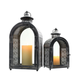 2 Piece Set Antique Grey Metal Indoor Outdoor Candle Lantern Holder